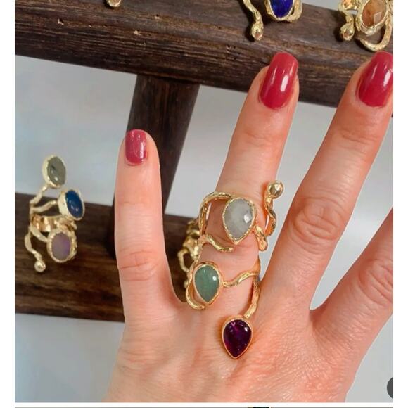 Buhu Hubu Jewelry - Statement Multi-Stone Agat Spiral Ring 24k Gold Plated